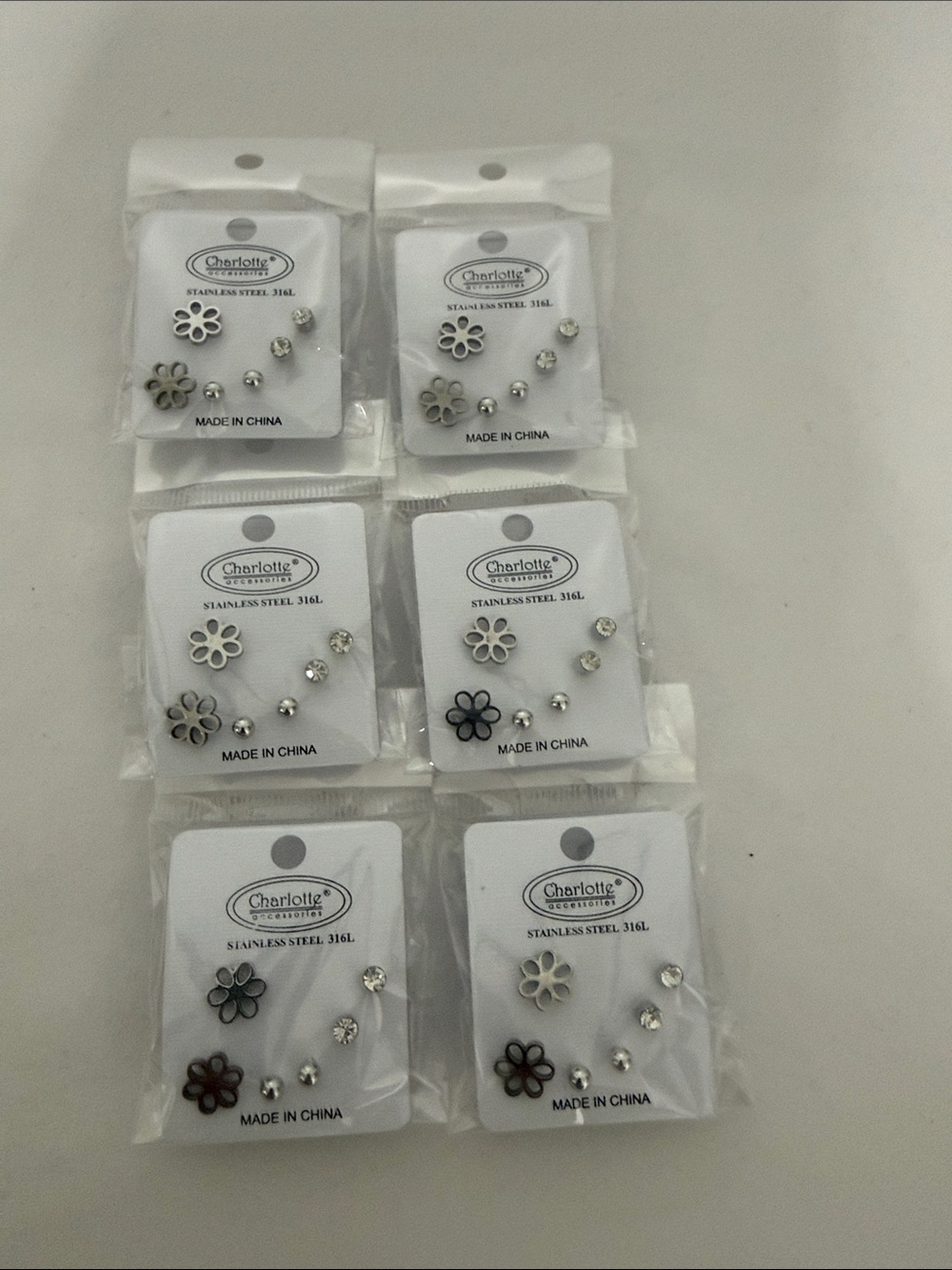 Fashion Jewelry Silver Flower Stud Earring Set Bundles of 6